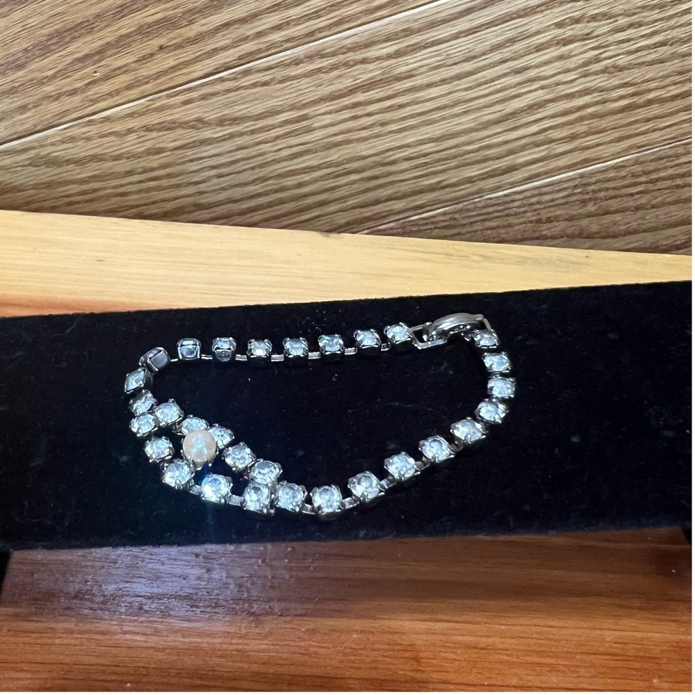 Vintage Paste Rhinestone Tennis Bracelet Faux Opalβ Victorian MCM Silver Tone